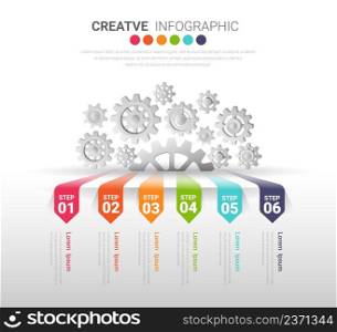 Industry presentation model with gears cogwheels 6 steps. Concept of coordinated work, mechanical process, functioning mechanism. Modern infographic design template.