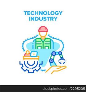 Industry Technology Vector Icon Concept. Factory Industry Technology For Manufacturing Goods And Industrial Working Process. Plant Worker Using Modern Electronic Equipment Color Illustration. Industry Technology Vector Concept Illustration