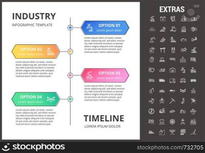 Industry timeline infographic template, elements and icons. Infograph includes options with years, line icon set with mining equipment, conveyor belt, nuclear power plant, manufacturing industry etc.. Industry infographic template, elements and icons.