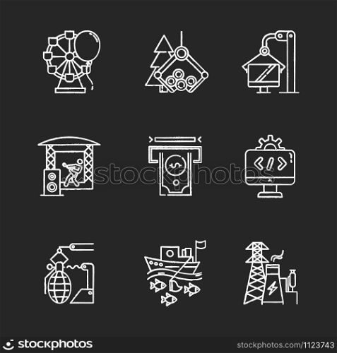 Industry types chalk icons set. Entertainment, timber, computer, music, financial services, software, arms, fishing, energy sectors. Business spheres. Isolated vector chalkboard illustrations