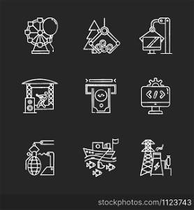 Industry types chalk icons set. Entertainment, timber, computer, music, financial services, software, arms, fishing, energy sectors. Business spheres. Isolated vector chalkboard illustrations