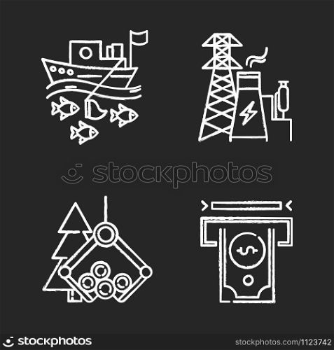 Industry types chalk icons set. Fishing, energy, timber, financial sectors of economy. Business spheres. Goods and services production. Isolated vector chalkboard illustrations