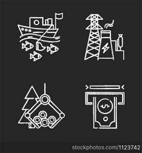 Industry types chalk icons set. Fishing, energy, timber, financial sectors of economy. Business spheres. Goods and services production. Isolated vector chalkboard illustrations