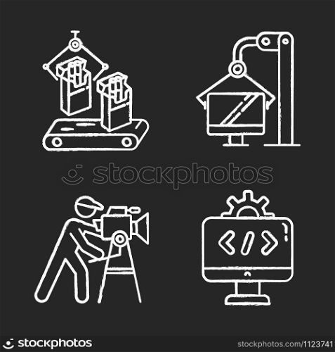 Industry types chalk icons set. Tobacco, computer, film production, IT sectors of economy. Agriculture, manufacture and services businesses. Isolated vector chalkboard illustrations