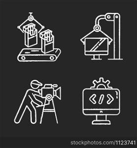 Industry types chalk icons set. Tobacco, computer, film production, IT sectors of economy. Agriculture, manufacture and services businesses. Isolated vector chalkboard illustrations