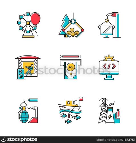 Industry types color icons set. Entertainment, timber, computer, music, financial services, software, arms, fishing, energy sectors of economy. Business spheres. Isolated vector illustrations