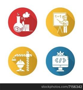 Industry types flat design long shadow glyph icons set. Chemical, education, construction, software sectors of economy. Technology development. Business spheres. Vector silhouette illustration