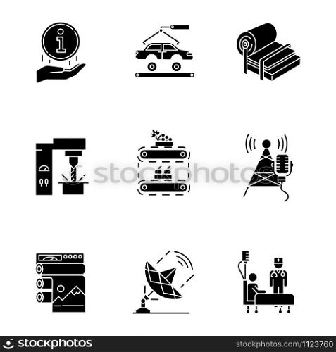 Industry types glyph icons set. Information sign. Automotive production. Pulp and paper. Steel industry. Fruit supply. Broadcasting. Healthcare. Silhouette symbols. Vector isolated illustration