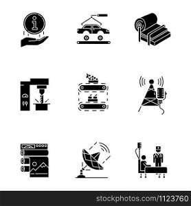 Industry types glyph icons set. Information sign. Automotive production. Pulp and paper. Steel industry. Fruit supply. Broadcasting. Healthcare. Silhouette symbols. Vector isolated illustration