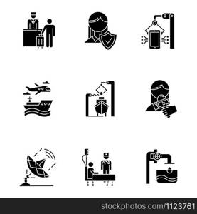 Industry types glyph icons set. Life insurance. Hospitality. Electronics production. Transport, shipbuilding. News, media. Healthcare. Steel industry. Silhouette symbols. Vector isolated illustration