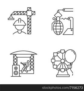 Industry types linear icons set. Construction, arms, music, entertainment economy sectors. Businesses activities. Thin line contour symbols. Isolated vector outline illustrations. Editable stroke