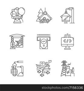 Industry types linear icons set. Entertainment, timber, computer, music, financial, software, arms sectors of economy. Thin line contour symbols. Isolated vector outline illustrations. Editable stroke