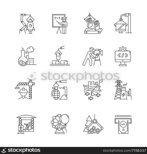 Industry types linear icons set. Goods and services production. Technology development. Human activities for profit. Thin line contour symbols. Isolated vector outline illustrations. Editable stroke