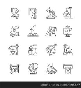 Industry types linear icons set. Goods and services production. Technology development. Human activities for profit. Thin line contour symbols. Isolated vector outline illustrations. Editable stroke