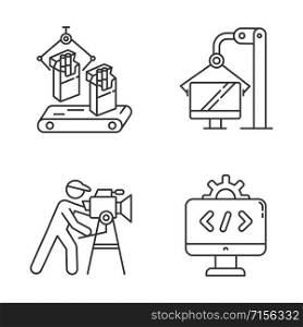 Industry types linear icons set. Tobacco, computer, film production, IT sectors of economy. Thin line contour symbols. Isolated vector outline illustrations. Editable stroke