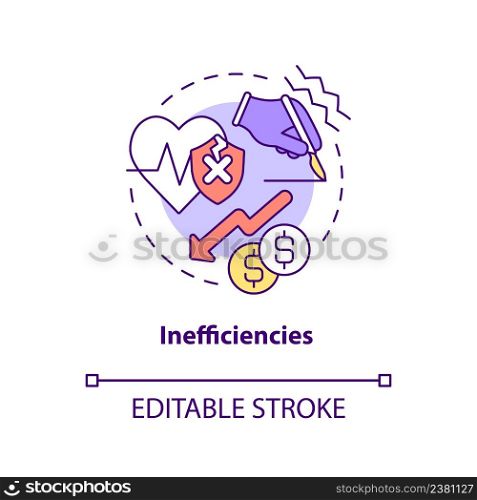 Inefficiencies concept icon. Healthcare system problematic point abstract idea thin line illustration. Bad patient service. Isolated outline drawing. Editable stroke. Arial, Myriad Pro-Bold fonts used. Inefficiencies concept icon