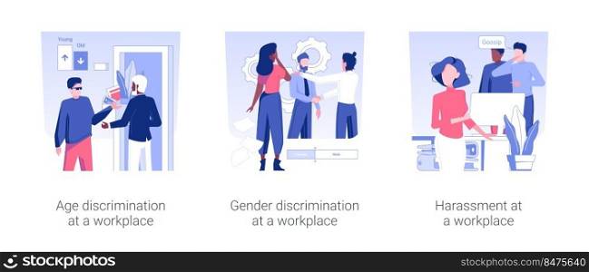 Inequality at workplace isolated concept vector illustration set. Age and gender discrimination at a workplace, harassment at work, employees equality and opportunities in company vector cartoon.. Inequality at workplace isolated concept vector illustrations.