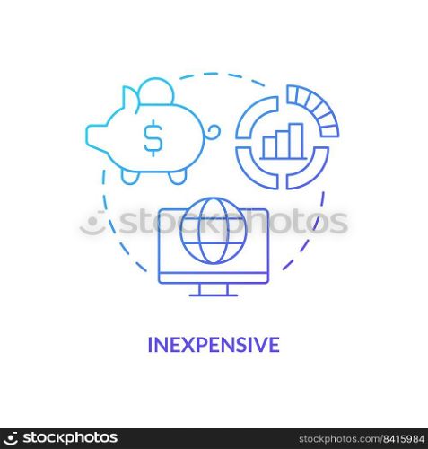 Inexpensive blue gradient concept icon. Low costs of researching works. Advantage of case study abstract idea thin line illustration. Isolated outline drawing. Myriad Pro-Bold font used. Inexpensive blue gradient concept icon