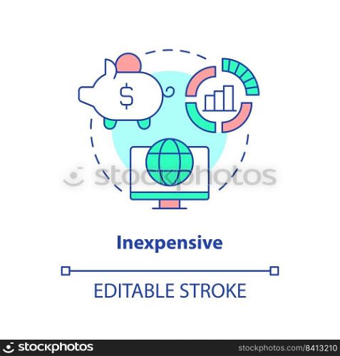 Inexpensive concept icon. Low costs of works. Advantage of case study abstract idea thin line illustration. Isolated outline drawing. Editable stroke. Arial, Myriad Pro-Bold fonts used. Inexpensive concept icon