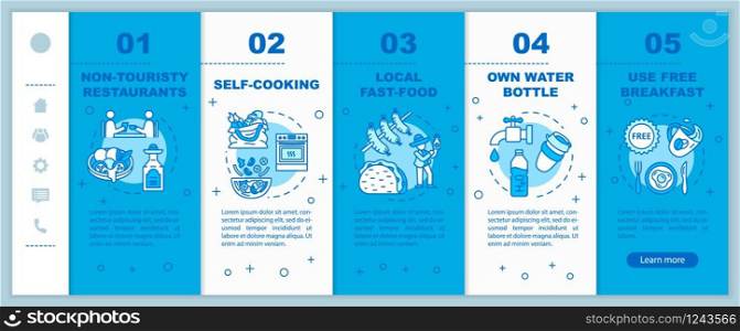 Inexpensive eating options onboarding vector template. Non touristy restaurants, self cooking and fast food. Responsive mobile website with icons. Webpage walkthrough step screens. RGB color concept