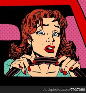 Inexperienced woman driver car accident pop art comics retro style Halftone. Inexperienced woman driver of the car accident pop art comics retro style Halftone. Imitation of old illustrations