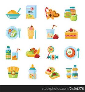 Infant and baby food flat icons collection with milk formula and vegetable puree abstract isolated vector illustration. Infant Baby Food Flat Icons Set
