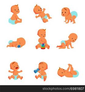 Infant baby vector characters. Newborn in different activity isolated on white. Child character girl and boy illustration. Infant baby vector characters. Newborn in different activity isolated on white