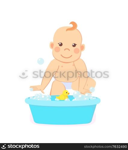 Infant bathing in basin with water isolated new born child. Baby milestones, toddler from 6 to 12 take a bath with rubber yellow duck. Vector illustration in flat cartoon style. Infant Bathing in Basin with Water Isolated Child