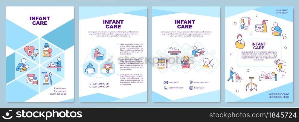 Infant care brochure template. Baby health care. Nappy changing. Flyer, booklet, leaflet print, cover design with linear icons. Vector layouts for presentation, annual reports, advertisement pages. Infant care brochure template