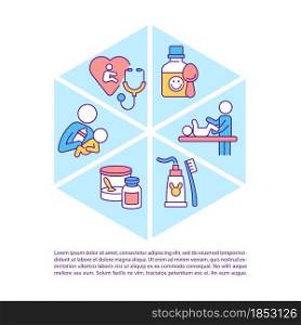 Infant care concept line icons with text. Mother and baby bond. PPT page vector template with copy space. Brochure, magazine, newsletter design element. Child health linear illustrations on white. Infant care concept line icons with text