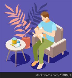Infant care isometric background composition with father sitting comfortably in armchair enjoying bottle feeding baby vector illustration