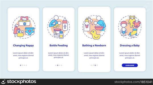 Infant care onboarding mobile app page screen. Mother looking after newborn walkthrough 4 steps graphic instructions with concepts. UI, UX, GUI vector template with linear color illustrations. Infant care onboarding mobile app page screen