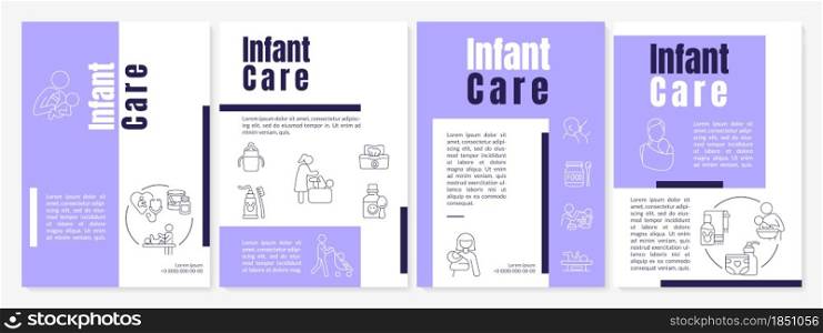 Infant care purple brochure template. Baby health care. Flyer, booklet, leaflet print, cover design with linear icons. Vector layouts for presentation, annual reports, advertisement pages. Infant care purple brochure template