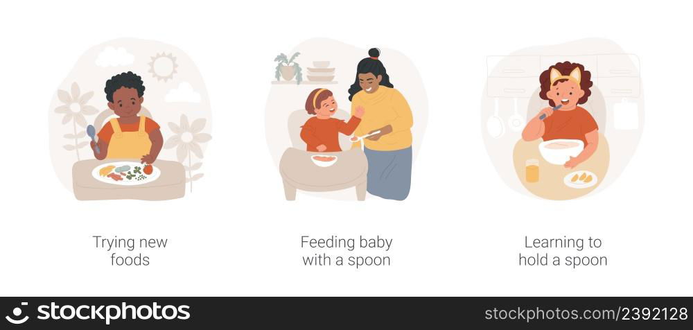 Infant eating habits and skills isolated cartoon vector illustration set. Trying new foods, feeding baby with a spoon, learning to hold a spoon, early childhood, daycare center vector cartoon.. Infant eating habits and skills isolated cartoon vector illustration set.