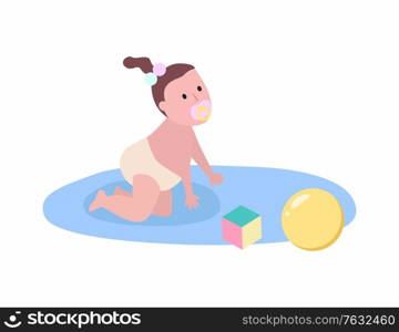 Infant girl with pacifier crawling on rug or blanket isolated cartoon child. Blocks constructor and rubber ball, toddler in diaper, cartoon style newborn. Vector illustration in flat. Infant Girl with Pacifier Crawling on Rug Vector