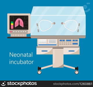 Infant incubator and neonatal intensive care with air temperature humidity oxygen sensor for sick babies. Neurology concept vector. Reanimation equipment for nursing premature newborns.. Infant incubator and neonatal intensive care with air temperature humidity oxygen sensor for sick babies. Neurology concept vector. Reanimation equipment for nursing premature