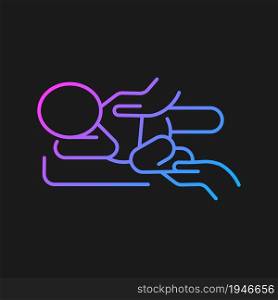 Infant massage gradient vector icon for dark theme. Practicing tummy time. Massaging baby back. Treating newborn colic. Thin line color symbol. Modern style pictogram. Vector isolated outline drawing. Infant massage gradient vector icon for dark theme