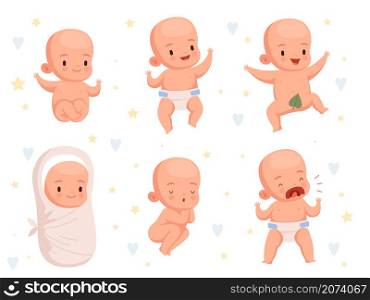 Infant new born. Toddler babies activity cute cheerful characters nowaday vector cartoon set. Infant baby, child boy toddler illustration. Infant new born. Toddler babies activity cute cheerful characters nowaday vector cartoon set