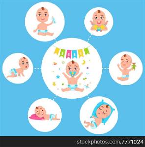 Infant newborn baby set in different activity isolated on white. Child small boy and girl cute little baby plays with toy, drinks from bottle, crawls, sleeps and rejoices sitting with garland of flags. Infant newborn baby set in different activity isolated on white. Child boy and girl cute little baby