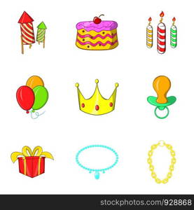 Infant party icons set. Cartoon set of 9 infant party vector icons for web isolated on white background. Infant party icons set, cartoon style