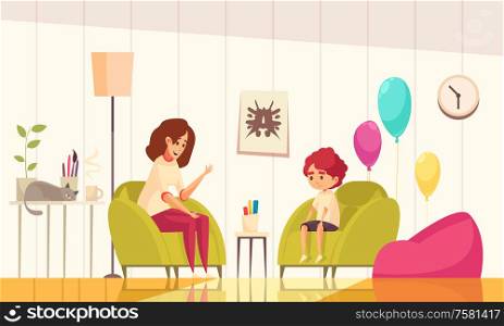 Infant psychologist child counselling session in informal cozy office interior with balloons plant cat flat vector illustration