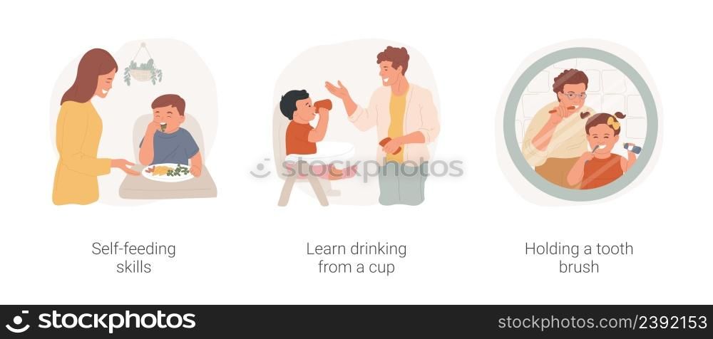 Infant self-care skills isolated cartoon vector illustration set. Self-feeding skills, learn drinking from a cup, holding a tooth brush, learning personal hygiene, daycare center vector cartoon.. Infant self-care skills isolated cartoon vector illustration set.