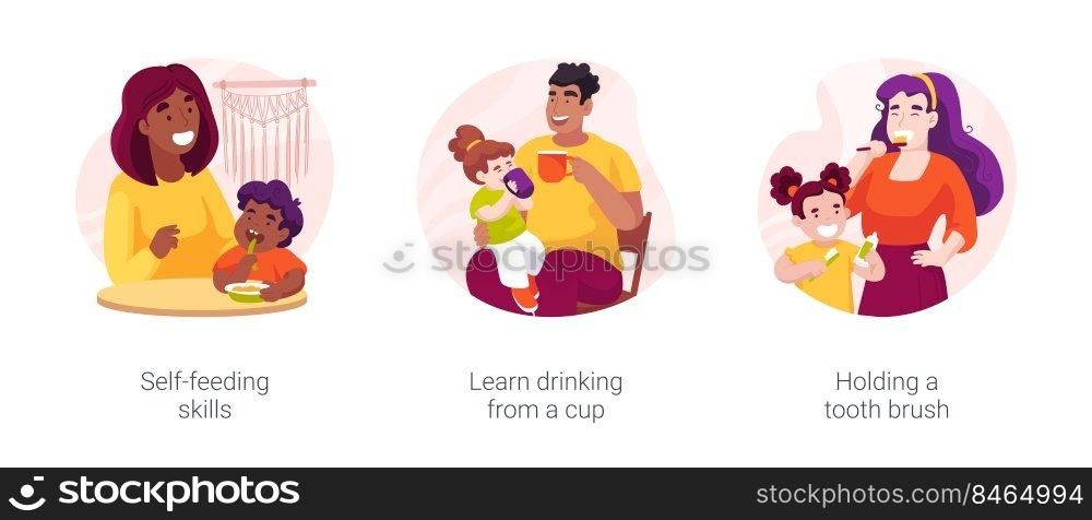 Infant self-care skills isolated cartoon vector illustration set. Self-feeding skills, learn drinking from a cup, holding a tooth brush, learning personal hygiene, daycare center vector cartoon.. Infant self-care skills isolated cartoon vector illustration set