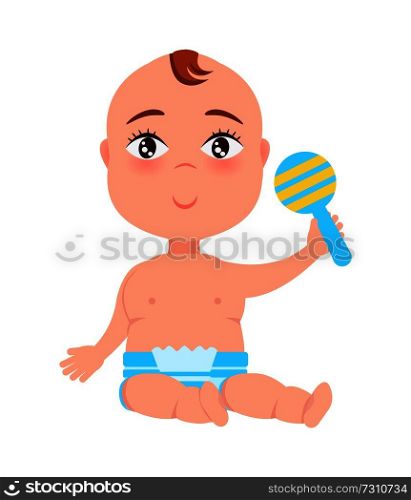 Infant with plastic rattle in hand sitting on floor vector illustration with little child isolated on white, playful newborn toddler with first toy. Infant with Plastic Rattle in Hand Sitting Vector