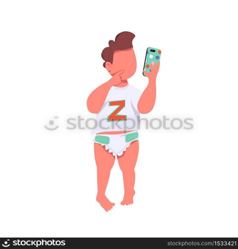 Infant with smartphone flat color vector faceless character. Generation Z baby. Modern little toddler using mobile phone isolated cartoon illustration for web graphic design and animation. Infant with smartphone flat color vector faceless character