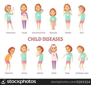 Infantile Diseases Symptoms Set. Isolated characters set with cartoon girl anxious for different child disease symptoms with appropriate text captions vector illustration