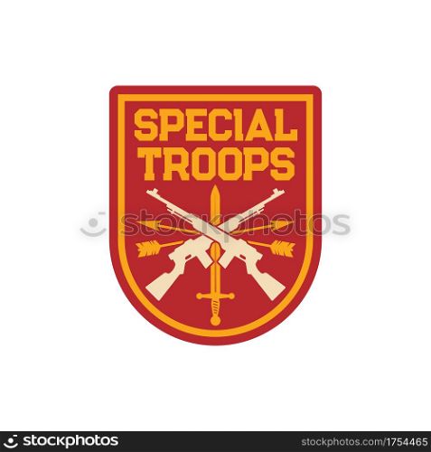 Infantry special troops military chevron, squad with sword and crossed rifles, archery arrows isolated patch on uniform. Vector special forces, squad emblem, US army mascot with weapon, insignia seal. Squad infantry troops military chevron with rifles