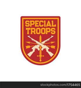 Infantry special troops military chevron, squad with sword and crossed rifles, archery arrows isolated patch on uniform. Vector special forces, squad emblem, US army mascot with weapon, insignia seal. Squad infantry troops military chevron with rifles