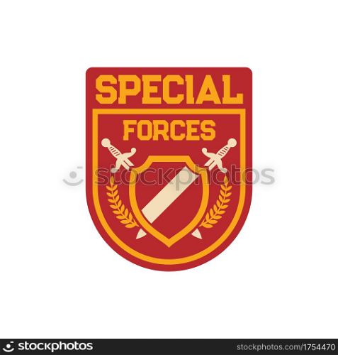 Infantry troops military squad with crossed swords, frame and heraldry olive branches. Vector special forces elite squadron chevron, patch on uniform, army squad. Military armored trooper badge. Special forces division chevron of elite squadron