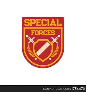 Infantry troops military squad with crossed swords, frame and heraldry olive branches. Vector special forces elite squadron chevron, patch on uniform, army squad. Military armored trooper badge. Special forces division chevron of elite squadron